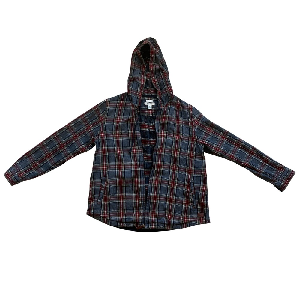 LL Bean Relaxed Fit Hooded Flannel Shirt Jacket Plaid Full Zip Men Large 502092